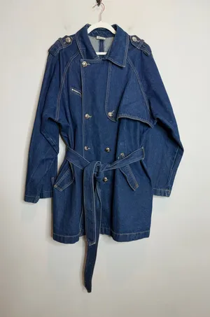Navi Vintage Denim Trench Coat XXL Belted Dark Wash Y2K Western Boho Duster thumbnail 1