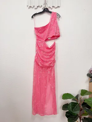 Luxxel NWT Barbie Pink Sequin One Shoulder Cutout Maxi Dress L thumbnail 6