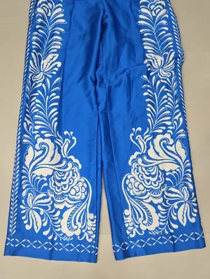 NWT! Zara Satin Floral Print High Waist Trousers Blue & White Size S thumbnail 5