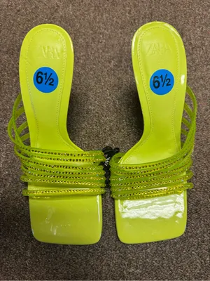 ZARA Neon Lime Green Vinyl Rhinestone Strappy High Heel Sandals Mules 6.5 EUC thumbnail 1