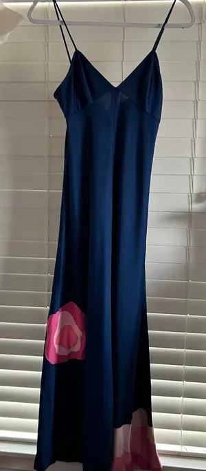 Vintage 70s Giorgio di Sant’Angelo Blue Pink Satin Floral Appliqué Maxi Dress S thumbnail 1