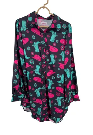 Jess Lea Black Mini shirt Dress with Pink & Teal Western Print M cowboy boots thumbnail 1