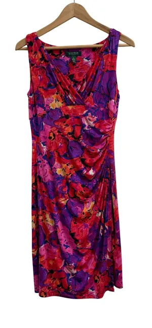 Lauren Ralph Lauren Pink Purple Floral Ruched V-Neck Sheath Dress Size 8 thumbnail 1