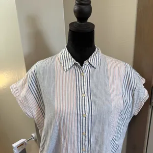 Madewell Button Down Longline Tunic Cap Sleeve Blouse Stripe Blue White‎ Red Top thumbnail 2