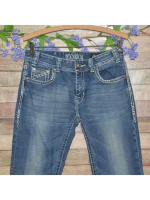 Rock Roll Cowgirl Bootcut Riding Western Jeans Womens 29x34 Embroidered Denim thumbnail 2