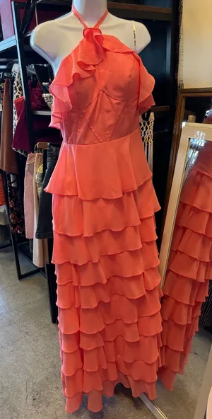 Coral‎ Pink Tiered Ruffle Halter Maxi Dress Corset Bodice Formal Gown thumbnail 1