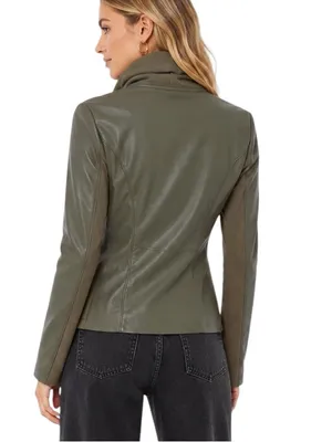 NWT BlankNYC Mixed Media Draped Moto Jacket Olive Green Size XS thumbnail 2