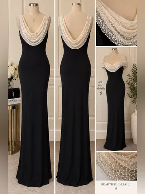 Cachet Black Maxi Dress with Cream Beaded Draped Neckline thumbnail 2