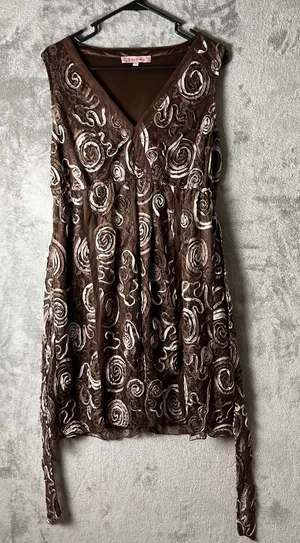 Vintage Y2K Brown Textured Tulle Babydoll V Neck Sleeveless Dress‎ Boho Indie LG thumbnail 1