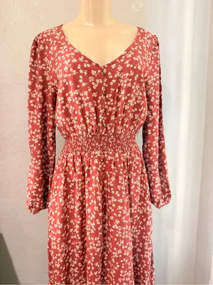 Índigo Rose Rust Floral V-Neck Midi Dress with Long Sleeves size L fall ready thumbnail 7