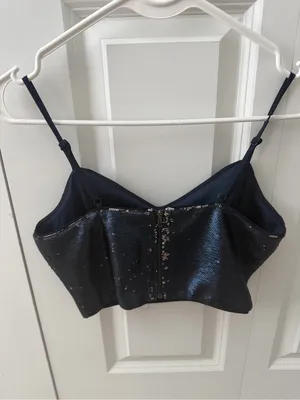 AKIRA Navy Blue Sequin Whimsygoth Fairy Bustier Crop Top with Adjustable Straps thumbnail 6