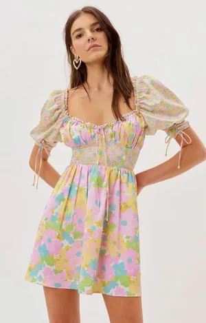 For Love & Lemons Emily Mini Dress Floral Corset Short Sleeve Size‎ small thumbnail 1