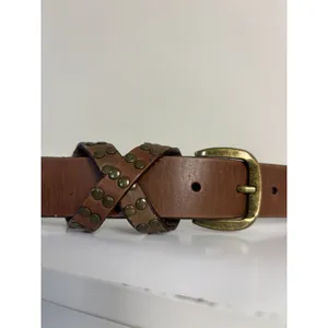 Lucky Brand Studded Leather Belt Women’s L Brown Brass Tone Buckle Boho Western thumbnail 2