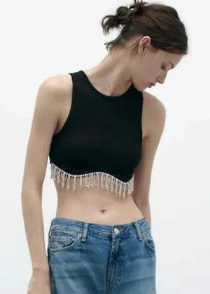 Zara Black Crop Top with Silver Beaded Fringe thumbnail 1
