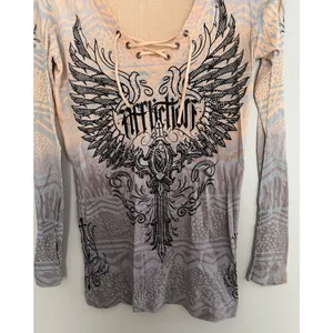 Affliction Nicolette L/S Rhinestone Cross & Wings T-Shirt Women's Size‎ Small thumbnail 5