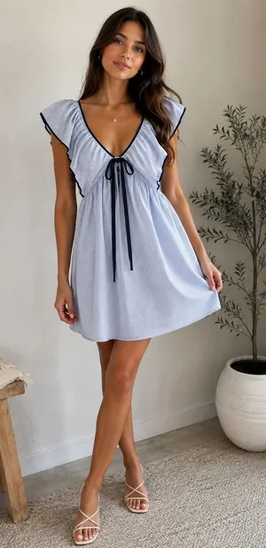 SheIn Womens L Blue White Striped Ruffle Mini Dress Tie Front Coastal Nautical Preppy thumbnail 1