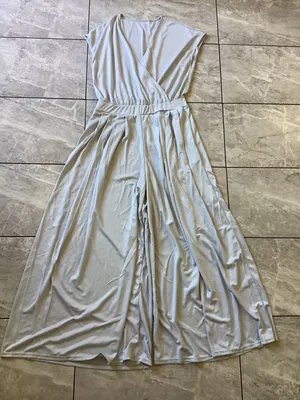 Halara NWOT Light Blue Waffle Knit Wide Leg Jumpsuit Surplice Wrap Neck Large thumbnail 1