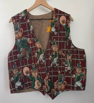 Vintage Retro Open Vest‎ Christmas Bear Nutcracker Red Plaid Relaxed Oversized thumbnail 1