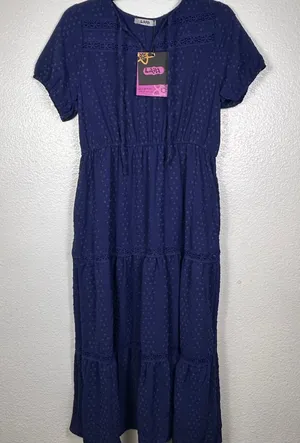 LAPA Plus Navy Blue Clip Dot Tiered Midi Dress Crochet Lace Boho Womens 1XL NEW‎ thumbnail 1