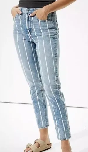 American Eagle Mom Jeans Retro Indigo‎ Stripe High Waist Denim Women's 4 X-Long thumbnail 1
