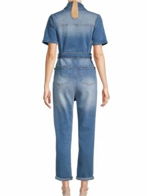 Avec Les Filles Women’s Blue Denim Short-Sleeve Tie-Waist Jumpsuit Size 30 thumbnail 2