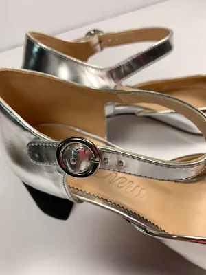 J.Crew Maisie Womens 9.5 Silver Leather Mary Jane Block Heel Black Cap Toe Shoes thumbnail 13