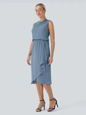 HALARA Sleeveless Draped Midi Dress in Dusty Blue thumbnail 3