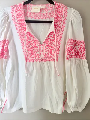 Maeve Anthropologie Embroidered Peasant Blouse White Pink Small thumbnail 1