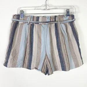 Purple Snow Tan & Blue Striped Paperbag Belted Tie Waist Shorts Size L thumbnail 2