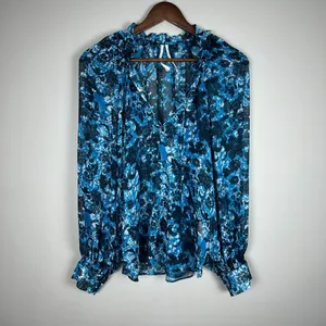 By Anthropologie Blouse Top Womens Large Blue Sheer Floral Boho Long Sleeve‎ Tie thumbnail 4