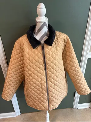 Kim Rogers Quilted Tan Jacket with Black Faux Fur Collar thumbnail 1