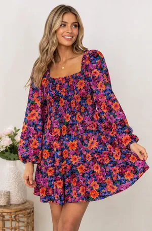 ✨ Entro Floral Smocked Long‎ Sleeve Mini Dress Size Small ✨ thumbnail 1