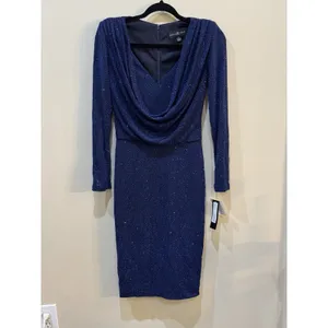 Betsy & Adam Cowl Neck Sparkle Shimmer Short Cocktail Dress Blue Size 4‎ thumbnail 2