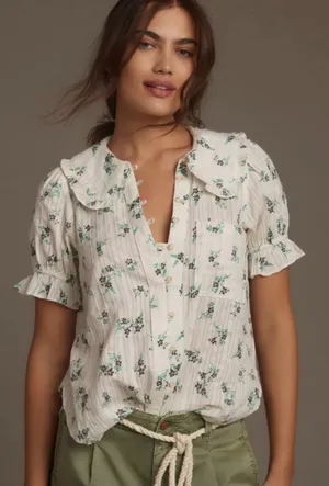 Pilcro Anthropologie Kiera Blouse White Floral thumbnail 1