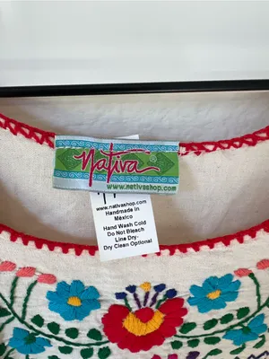 Nativa Puebla Hand Embroidered Mexican Peasant Dress in Cream thumbnail 5