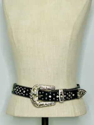 Western Black Leather Belt with Crystal Studded Rhinestones, Engraved Buckke thumbnail 5