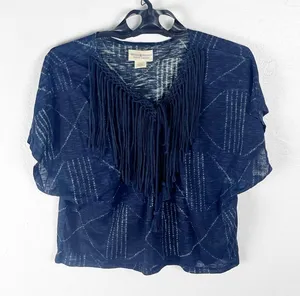 DENIM & SUPPLY Fringe Trim V-Neck Tassels Short Sleeves Top Western Boho Medium thumbnail 1
