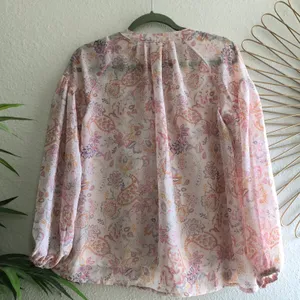 Loose lightweight flowy boho indie cottage core paisley pastel button up down no collar mock neck shirt blouse thumbnail 3