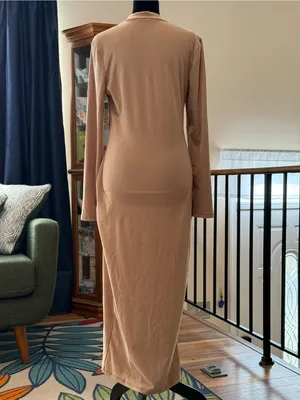 Taupe Women's Long Sleeve Mock Neck Maxi Dress - Beige thumbnail 2