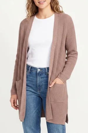 Gap Cardigan Sweater Women Medium Brown Knit Open Front Pockets Side Slit Ribbed thumbnail 1