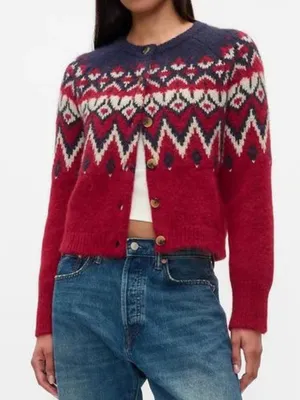 Gap Fair Isle Brushed Alpaca Wool Cardigan Sweater Medium Red Navy Blue $80 thumbnail 1