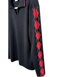 Talbots Vintage Black Red Argyle Long Sleeve V-Neck Polo Sweater SZ L thumbnail 6