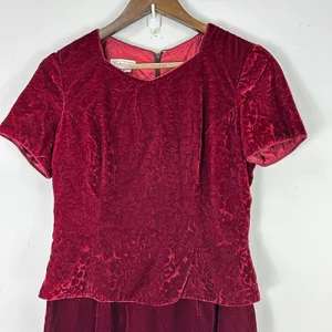 Talbots Midi Dress Womens‎ 6 Red Velvet Short Sleeve Romantic Modest Vintage thumbnail 3