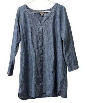 J. Jill Shirt Women Large Blue Chambray Tunic Long Sleeve Button-Front Cotton‎ thumbnail 1