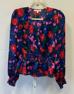 WAYF Floral Wrap V-Neck Smocked Peplum Blouse Long Sleeve Blue Red Small thumbnail 1