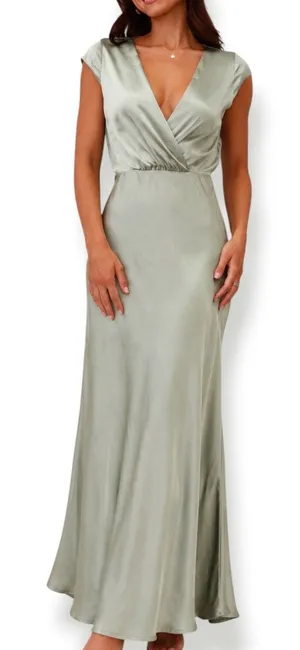 Billy J Selma Sage Green Satin Maxi Dress‎ Bridesmaid Wedding Guest Formal Gown thumbnail 1