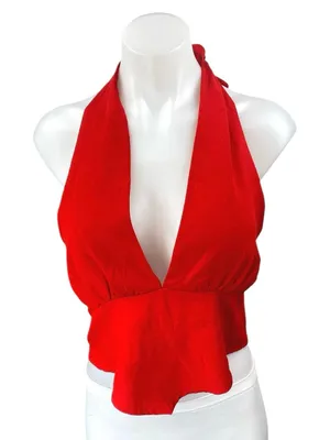 Princess Polly Red Halter Sleeveless Plunging Smocked Blouse Crop Top Size 10 thumbnail 1