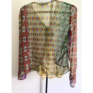 Zara Women Multi Color Patchwork Geometric Print Tie Front Beaded Blouse Medium thumbnail 5