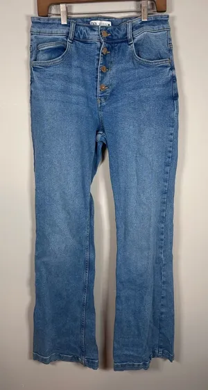 Zara Button Fly Jeans Women 10 Blue High Waisted Straight Leg Casual thumbnail 1