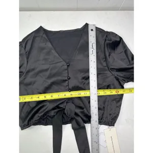 Commense NWT Black Satin Crop Blouse with Front Tie Night Out Minimalist Size S thumbnail 5